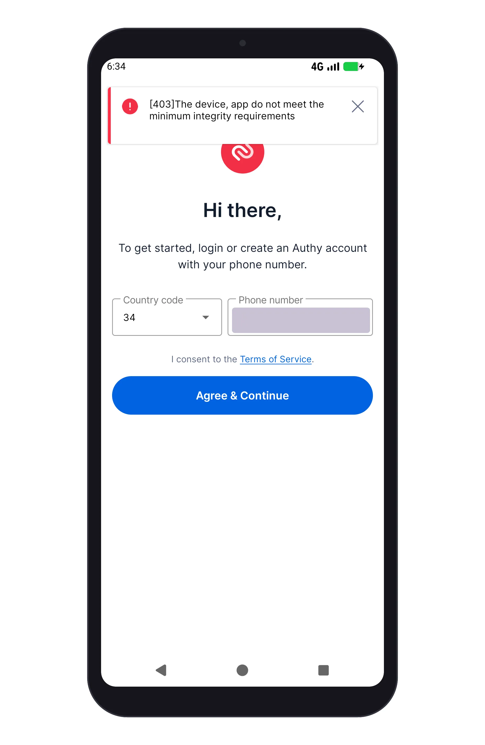 Authy’s sign-in screen with a red error banner reading “[403] The device, app do not meet the minimum integrity requirements”, shown over the country-code and phone-number fields.