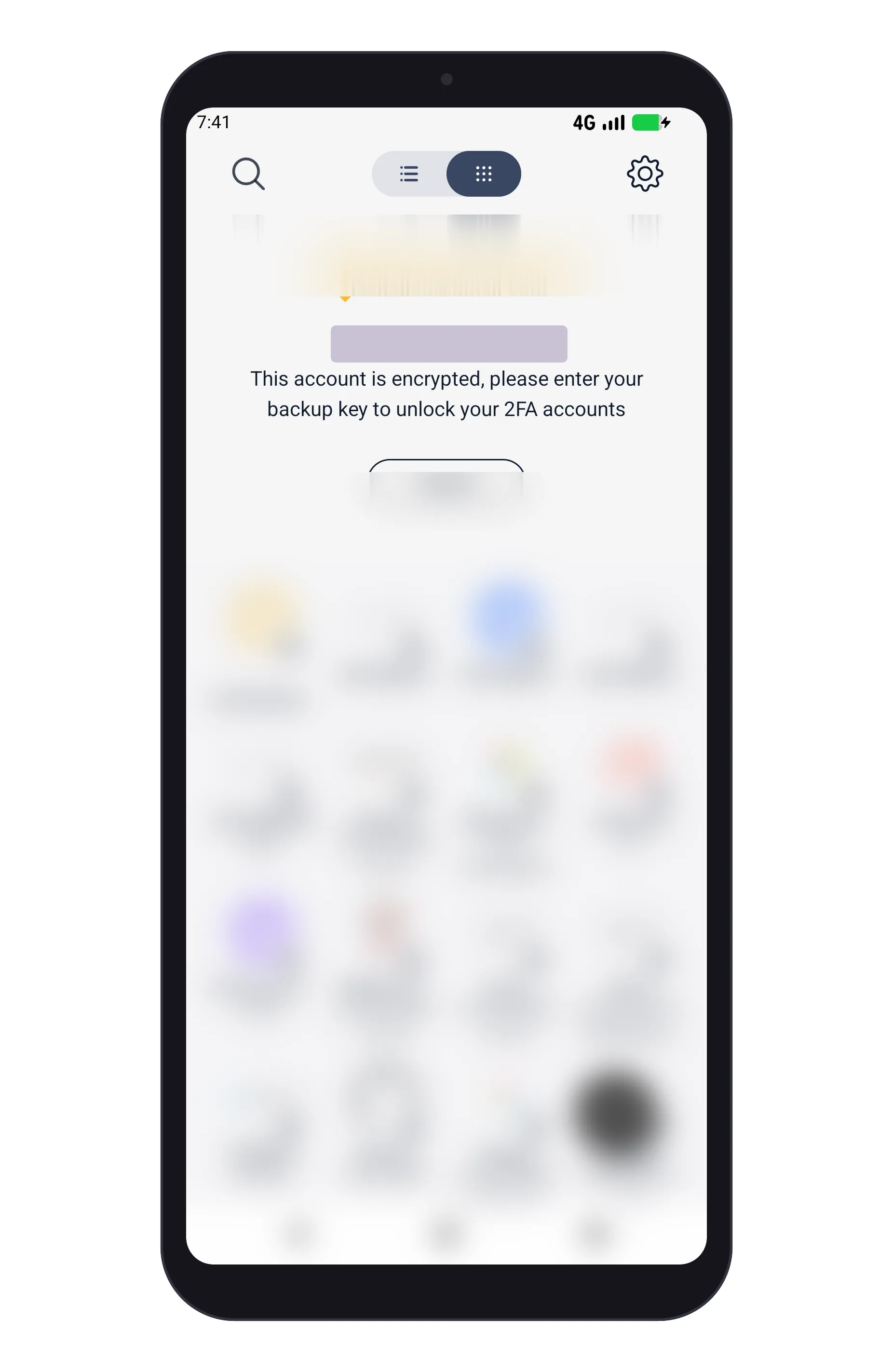 Authy after sync: a grid of 2FA accounts, each marked with a lock and labelled “Encrypted token”, under a banner reading “This account is encrypted, please enter your backup key to unlock your 2FA accounts”. Account names, usernames and the account email are redacted.
